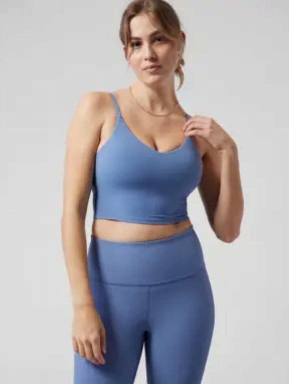 Athleta Elation V-Neck Longline Sports Bra Blue Stretch Pullover Padded Sz S